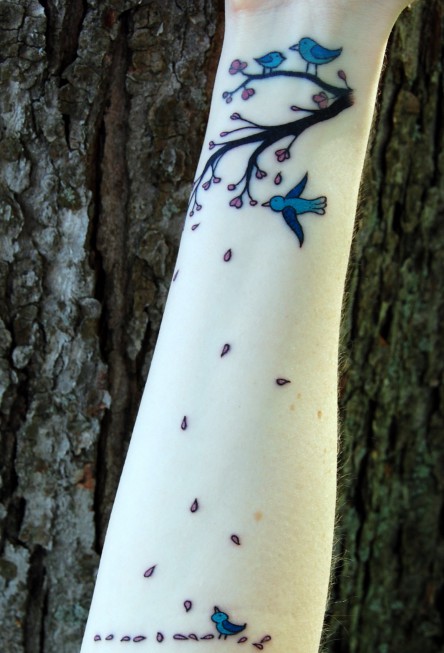 cherry blossom branch and birds wrist/forearm tattoo