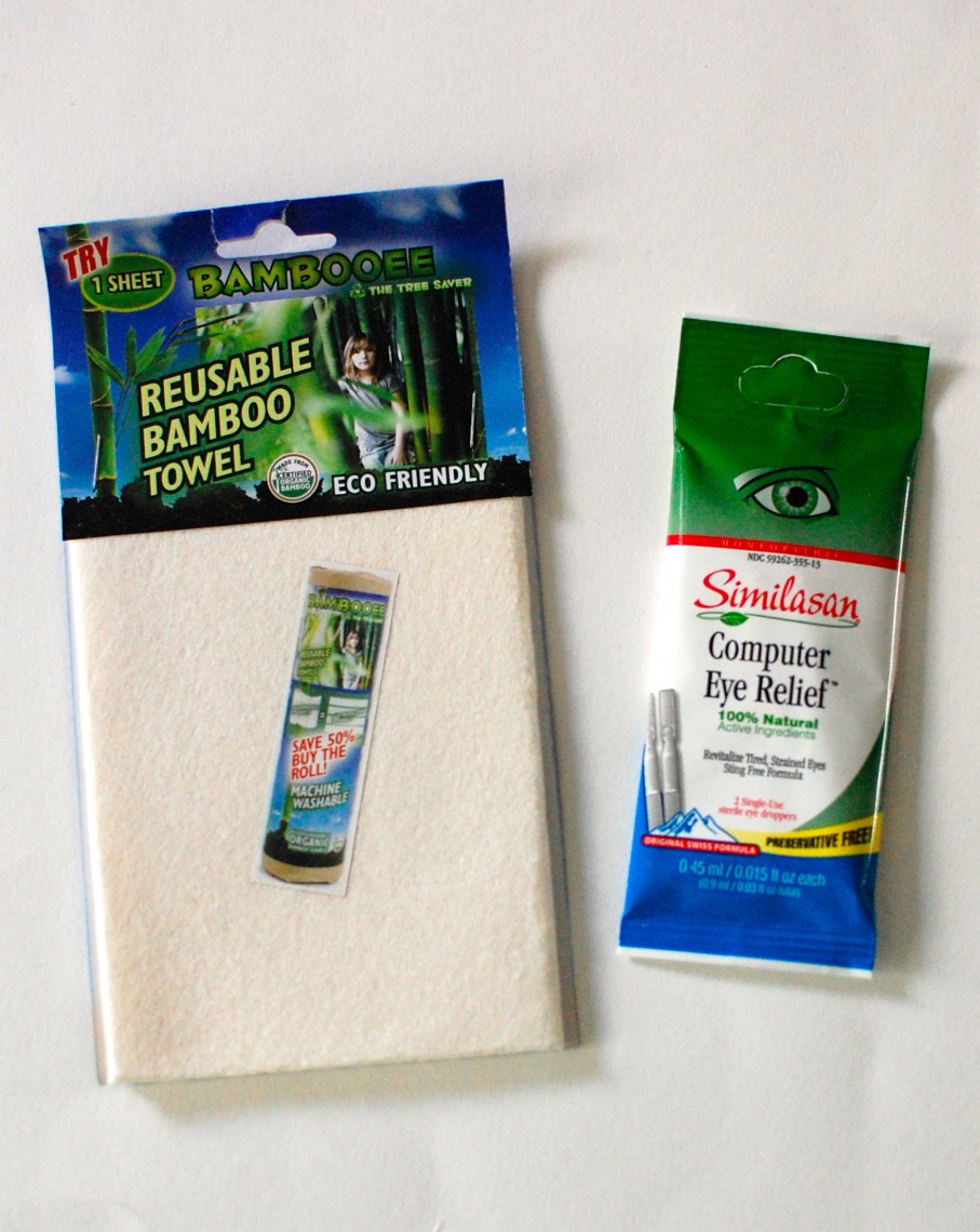 Bamboo towel & eye drops.