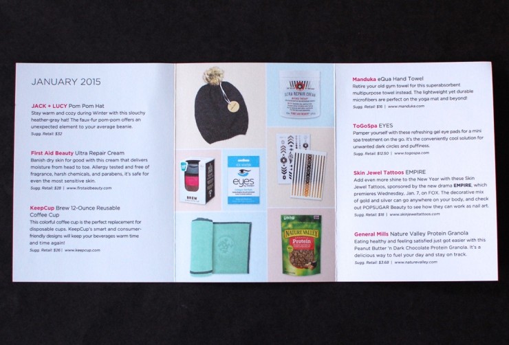 Janaury 2015 Popsugar Must Have box info sheet